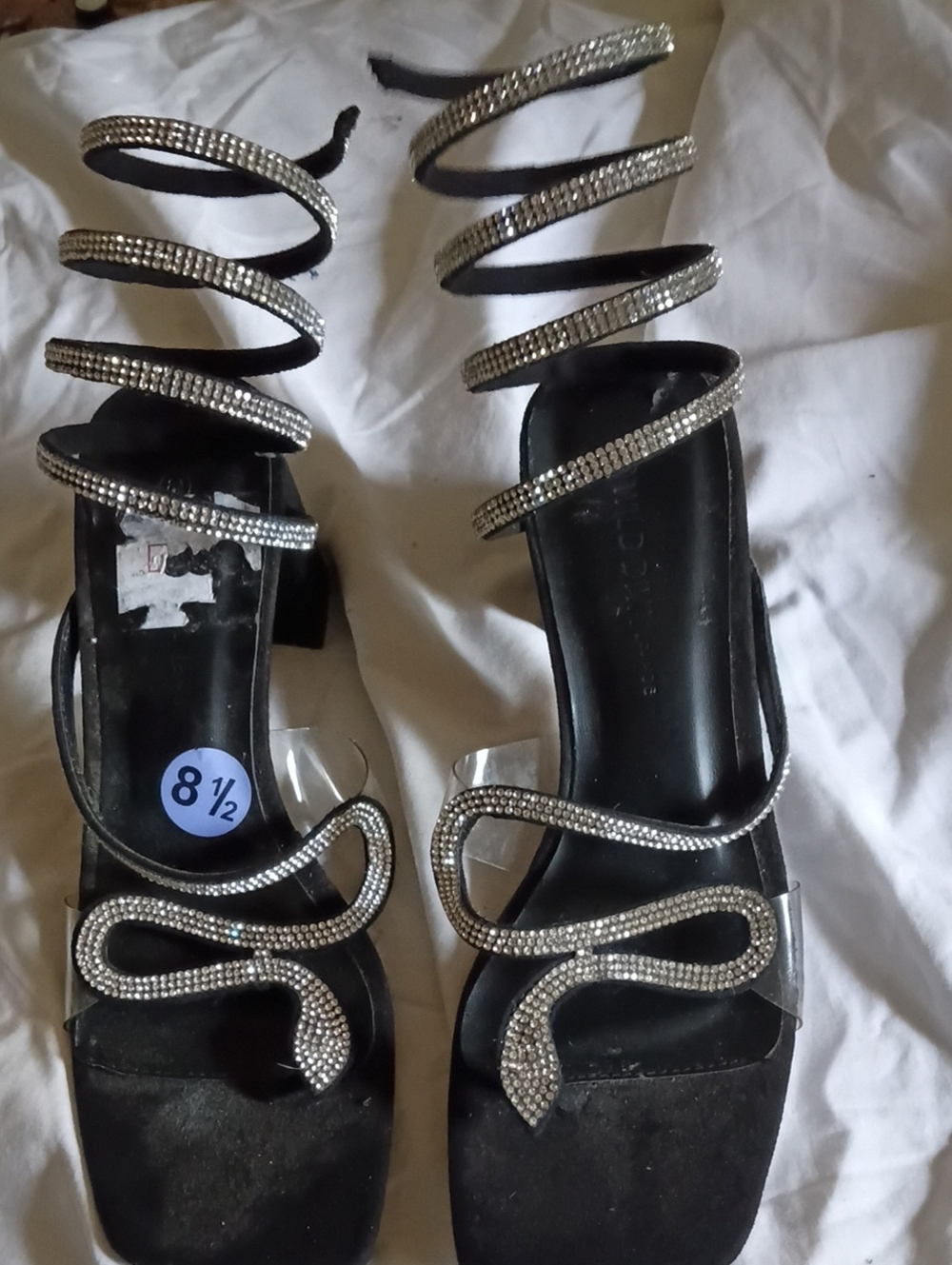 Wild Diva Black Rhinestone Spiral-Strap Heels